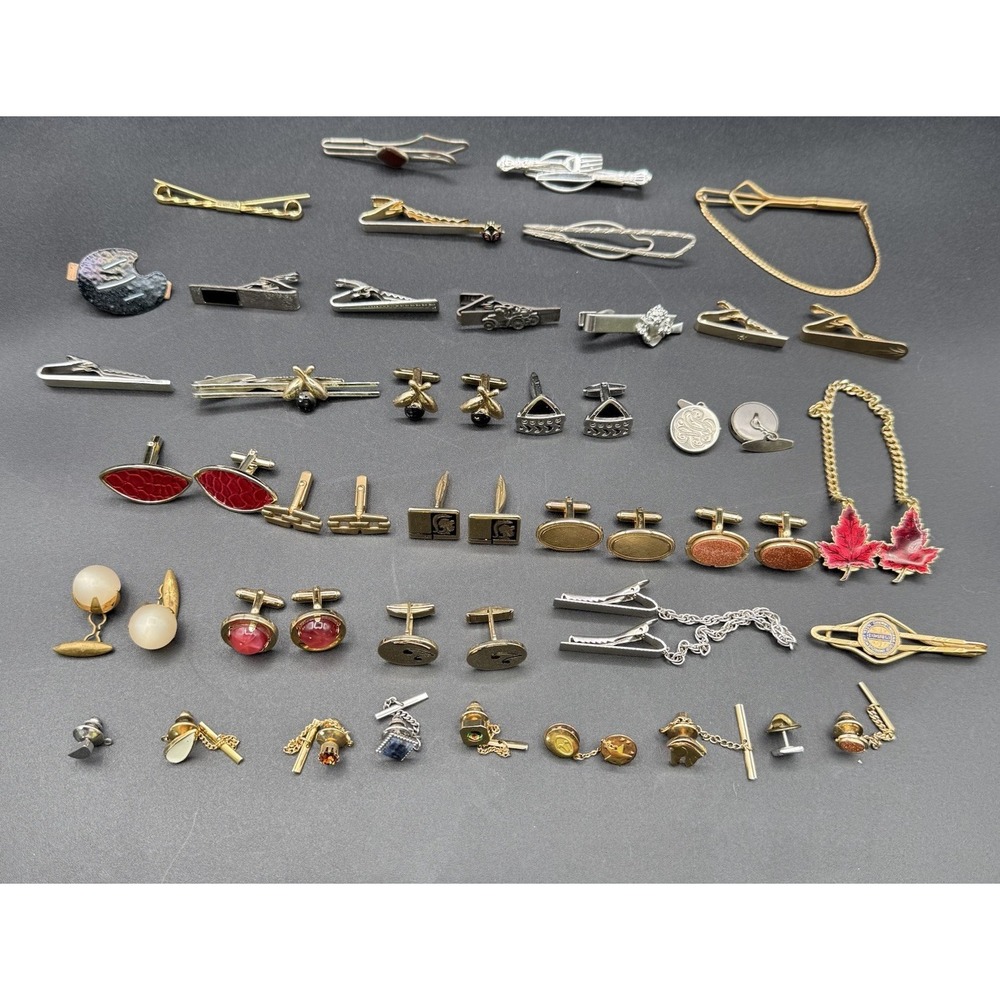 Vtg Mens Estate Jewelry Lot 13 Cufflinks 16 Tie Clips Bars 9 Tacks Gold Tone